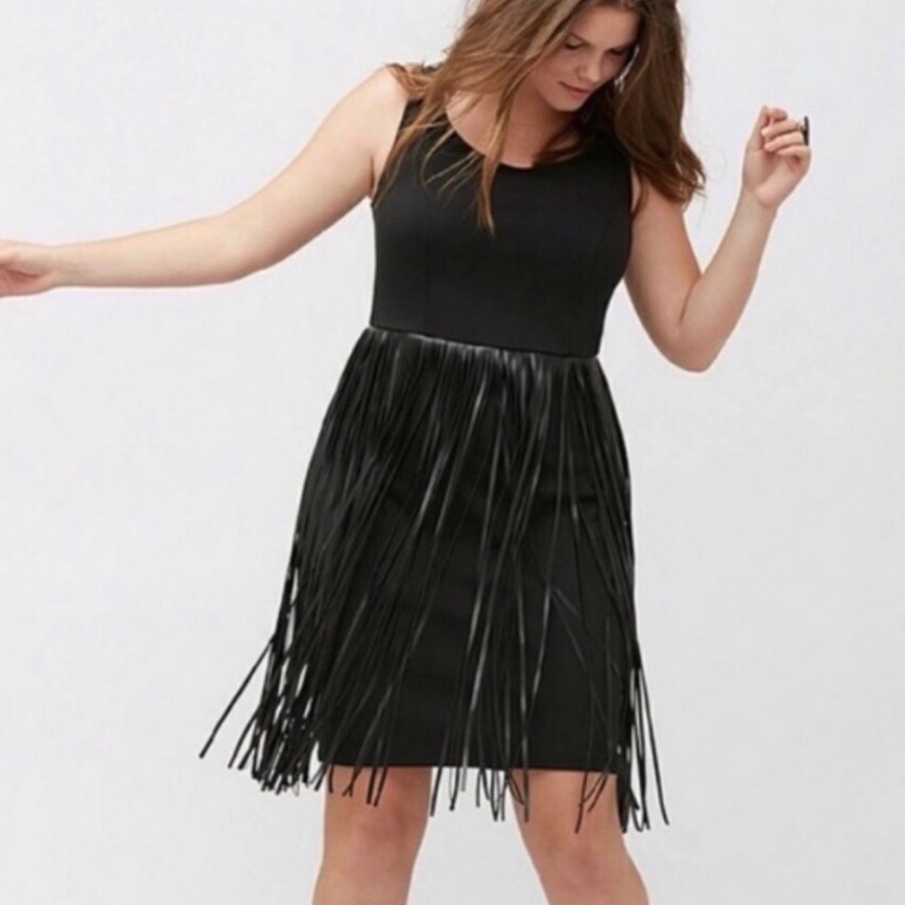 LANE BRYANT FAUX LEATHER FRINGE DRESS